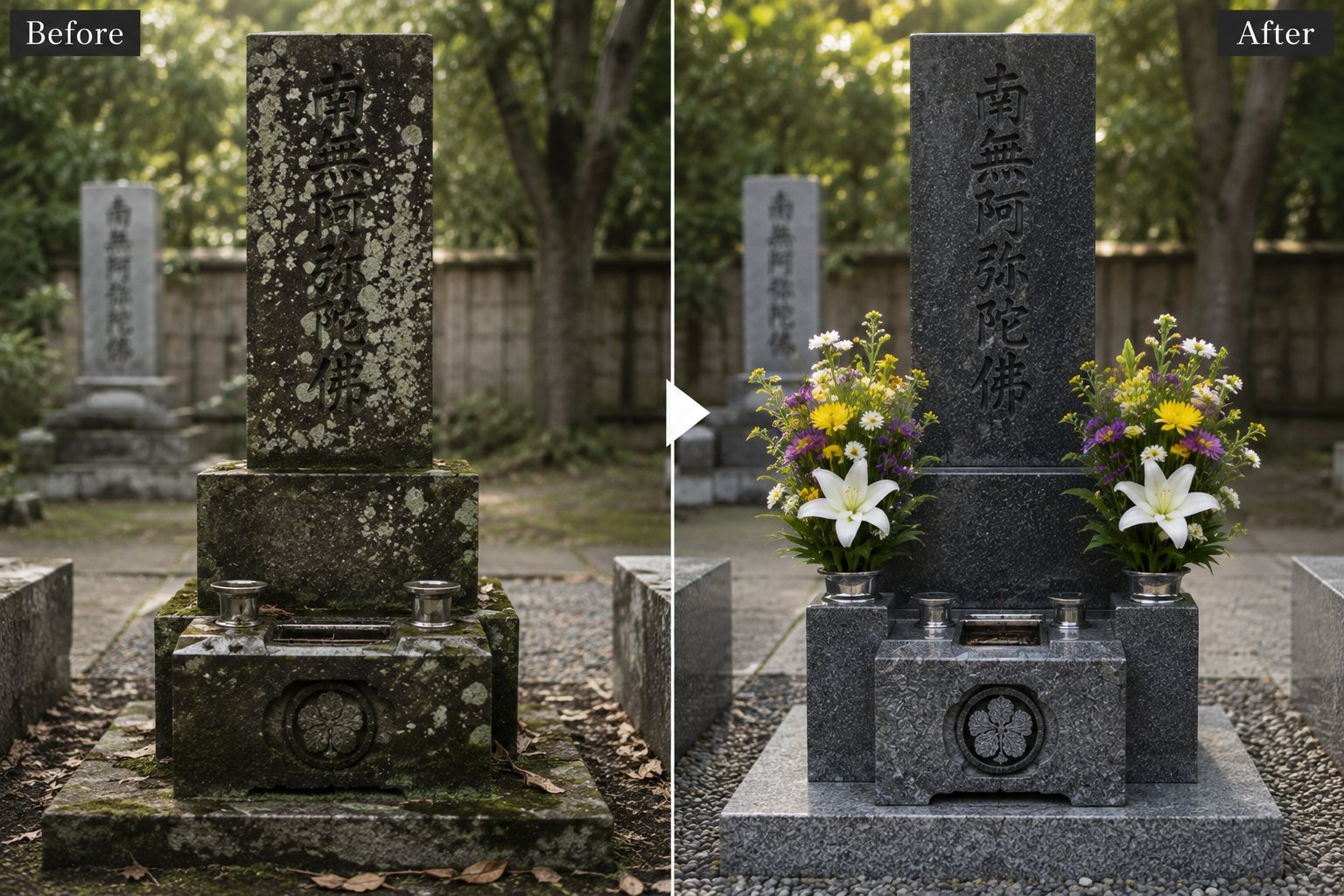 お墓の清掃前後の比較