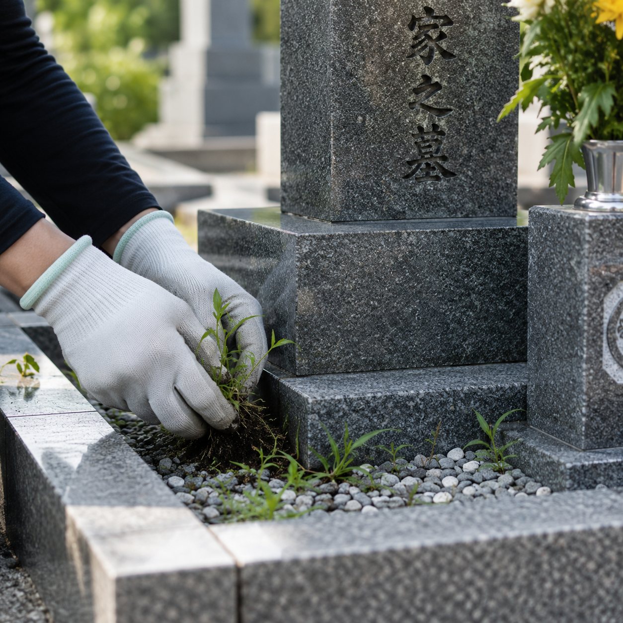お墓周りの草むしりの様子