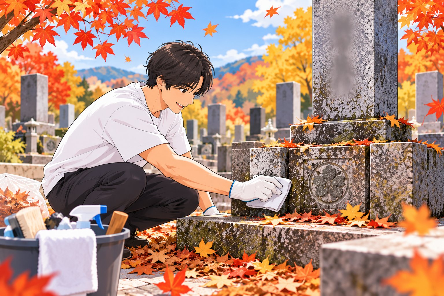 紅葉の季節に墓石を丁寧に清掃するスタッフ